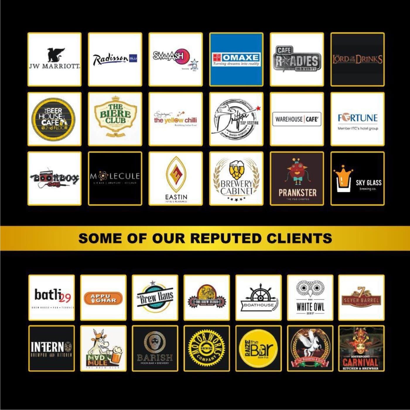 A selection of clients served, including JW Marriott, Radisson Blu, Smaaash, Fortune Hotels and more